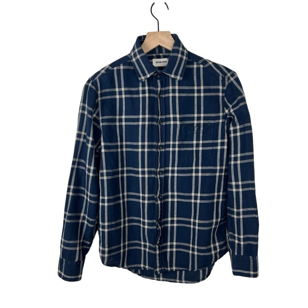 Taylor Stitch Button Front Organic Cotton Linen Shirt Windowpane Plaid
